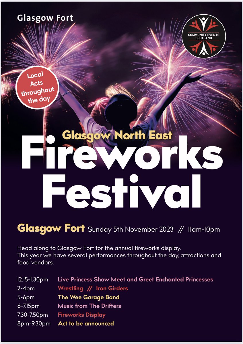 stefanie_ces's tweet photo. We are happy to announce the return of
The Glasgow North East Fireworks Festival on Sunday 5th November 🎆🎆🎆 at Glasgow Fort

The event will be open from ⏰11am-10pm. 
With various performances, funfair, pop up food vendors and a fantastic fireworks display. @glasgowfort https://t.co/ekLZJ9Ep9q