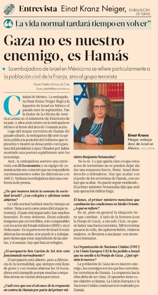 IsraelinMexico's tweet photo. “Mil terroristas pasaron la valla, decapitaron bebés, violaron mujeres, se llevaron a ancianas: son monstruos humanos”
Einat Kranz Neiger, Embajadora de Israel en México en entrevista con @eleconomista 
https://t.co/sVlUlyp3w0 https://t.co/bbBaxzA2Qb