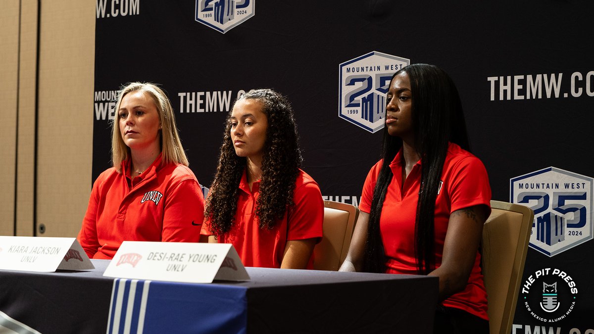 <a href="/UNLVLadyRebels/">UNLV Lady Rebels</a> on the podium. Coach <a href="/lindylarocque/">Lindy La Rocque</a>, Desi-Rae Young, and <a href="/kiaraj33/">Kiara Jackson</a> are questioned by the media.  Lady Rebs were picked to finish 1st in the MWC and were the lone <a href="/MountainWest/">Mountain West</a> school to make the NCAA Tournament last season.