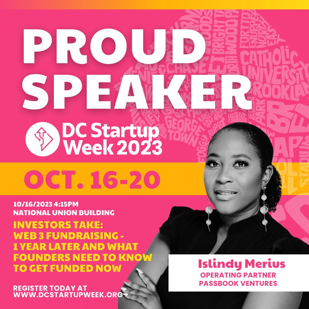 Islyndi_'s tweet image. Thrilled to be moderating a panel at #DCStartupWeek! 

Join us as we dive deep into the ever-evolving world of #Web3 fundraising, reflect on the past year&apos;s developments, and share invaluable insights on how #founders can secure the funding they need.