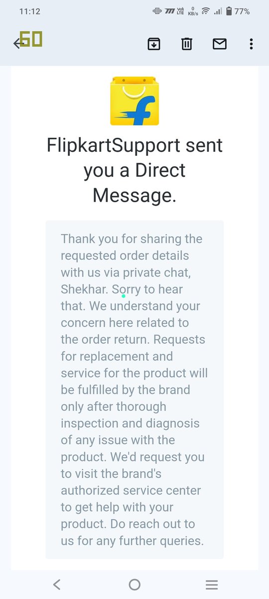 gupta_sr65's tweet photo. This is the reply I received from #Flipkart I received a duplicate product from #BigBillionDays #Flipkart and now they say contact Service centre. How can I contact the service centre if the duplicate product is sold to me #consumer #fraud #ConsumerProtection #LegalSupport https://t.co/S3dbONb5UT