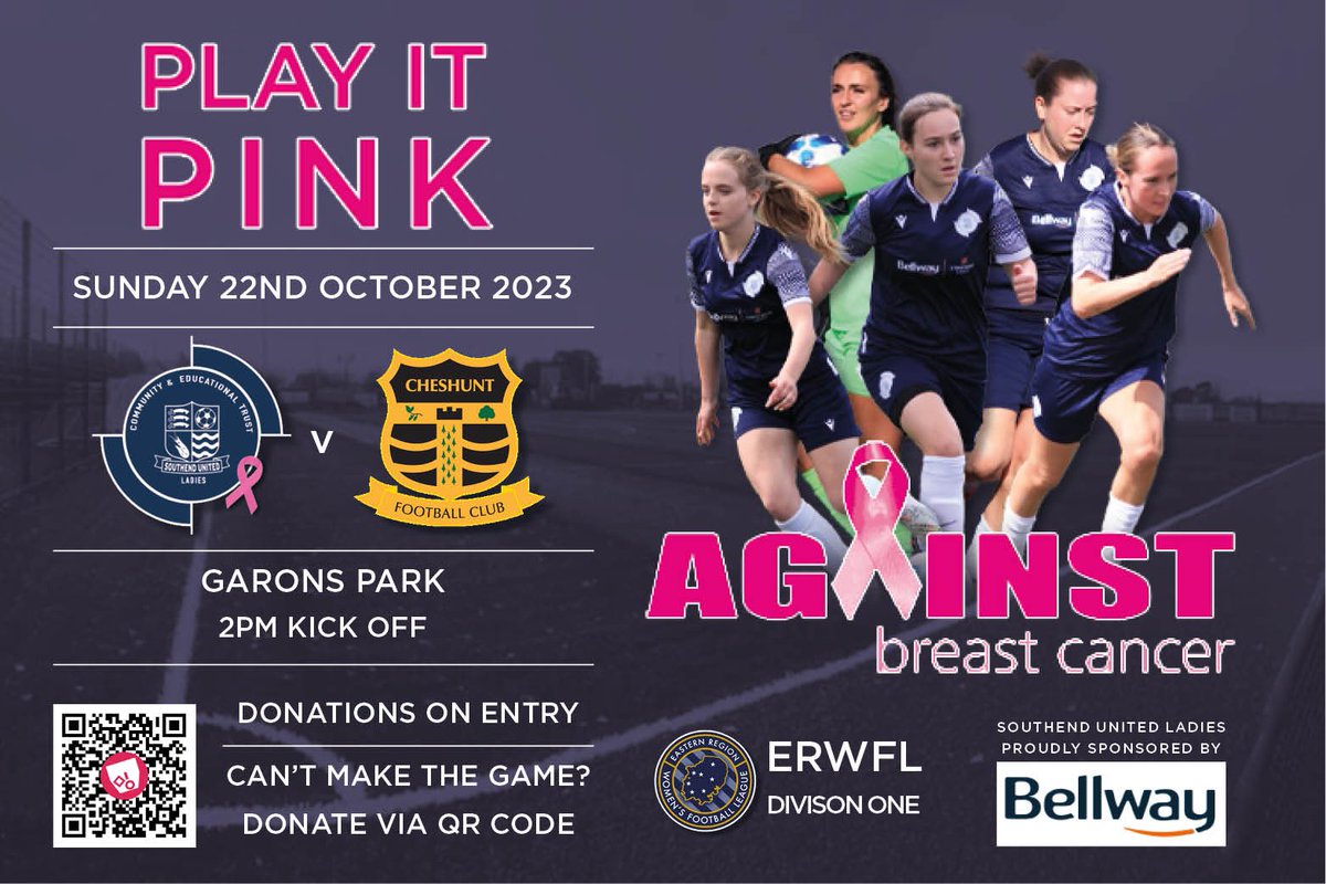 𝙋𝙡𝙖𝙮 𝙞𝙩 𝙋𝙞𝙣𝙠 🩷

Next Sunday, the Blues League Match against @Cheshuntfcwomen will be in aid of standing up against Breast Cancer! 

We want you to join us at Garons Park to help raise money for #BreastCancerAwarenessMonth &amp; support the Ladies! 

Please RT

#PlayitPink