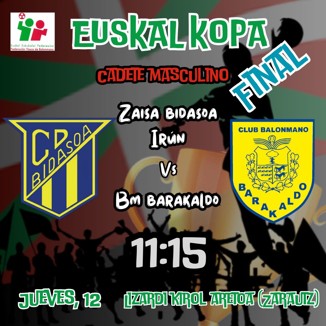 CBBarakaldo's tweet photo. Nuestros cadetes disputarán mañana la final de la Kopa Euskadi ante @CDBidasoaIrun

@EEF_FVascaBM

Aurrera mutilak 💛💙💪

#harrobia #cantera #Barakaldo #GoazenBaraka #vamosBaraka #masFuertesQueNunca #eskubaloia #euskaleskubaloia https://t.co/2lSe0pE2vV