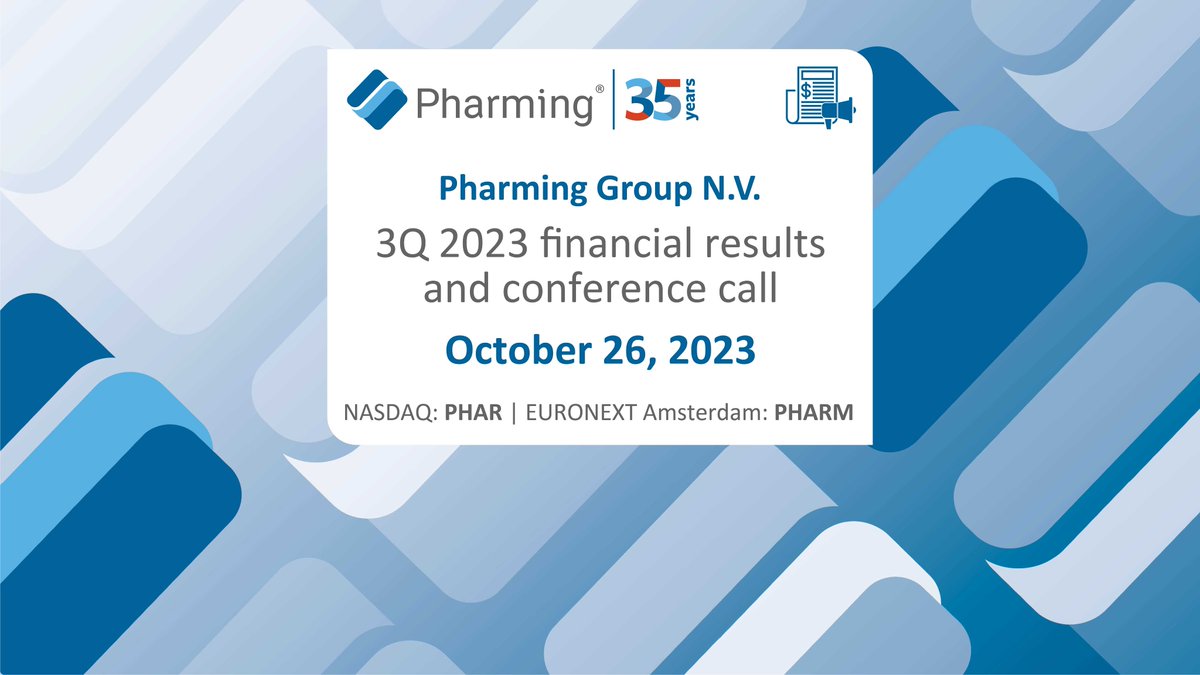 @PharmingGroupNV will report its 3Q 2023 financial results on Thursday, October 26, 2023, at 07:00 CEST. We will hold our conference call and webcast at 13:30 CEST/07:30 EDT. Please click on the link for info: bit.ly/3ZQ06xI #3Q23 #pharminggroup #financialresults