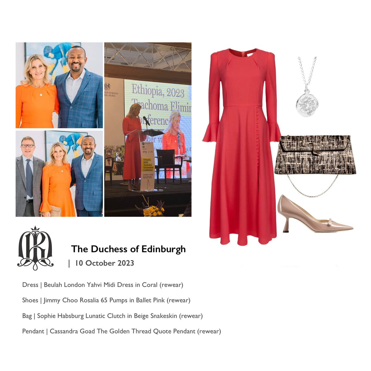 Continuing with The Duchess of Edinburgh…
Sophie  met with Ethiopian Prime Minister, Dr. Abiy Ahmed. 
She also spoke Trachoma Elimination Conference, a cause near and dear to her heart.   Her Beulah dress is a rewear, trust us, but the images have skewed the color.…