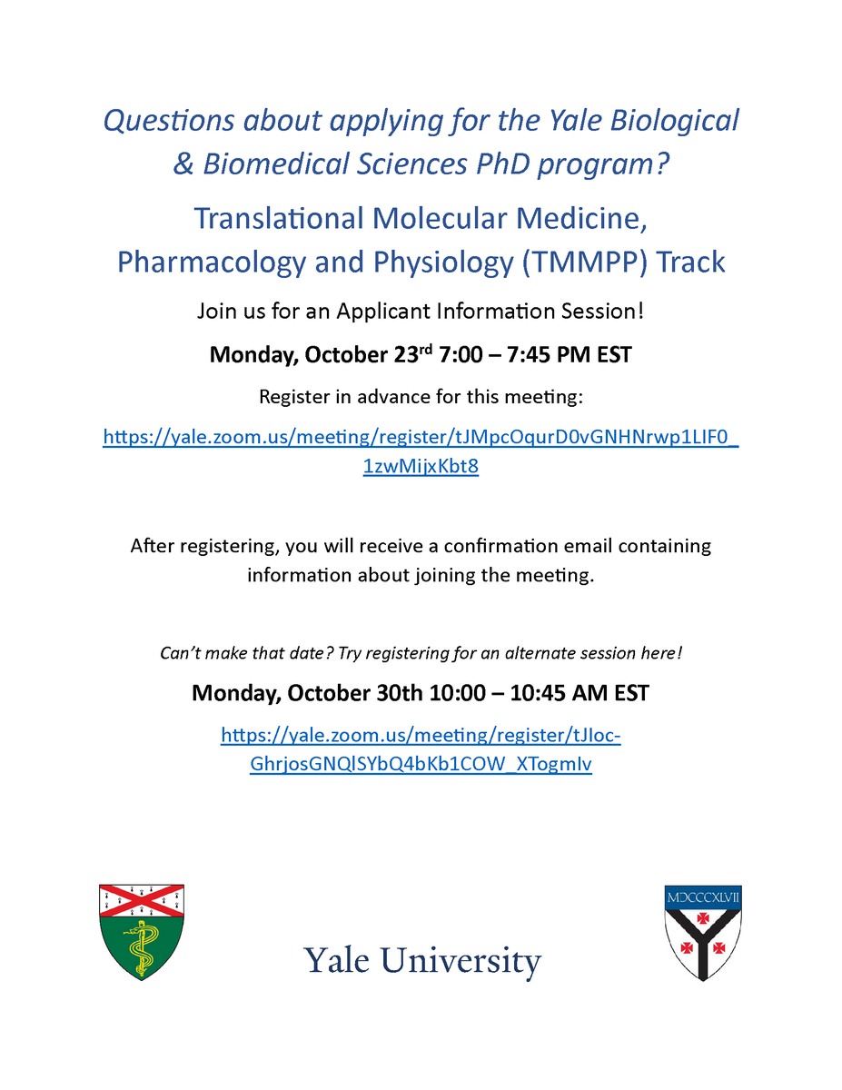 Applying to Yale's BBS PhD Program? Register for one of two virtual info sessions hosted by TMMPP faculty! Monday, October 23rd 7:00 – 7:45 PM EST yale.zoom.us/meeting/regist… Monday, October 30th 10:00 – 10:45 AM EST yale.zoom.us/meeting/regist… @YaleMed @YaleWestCampus @YalePharm