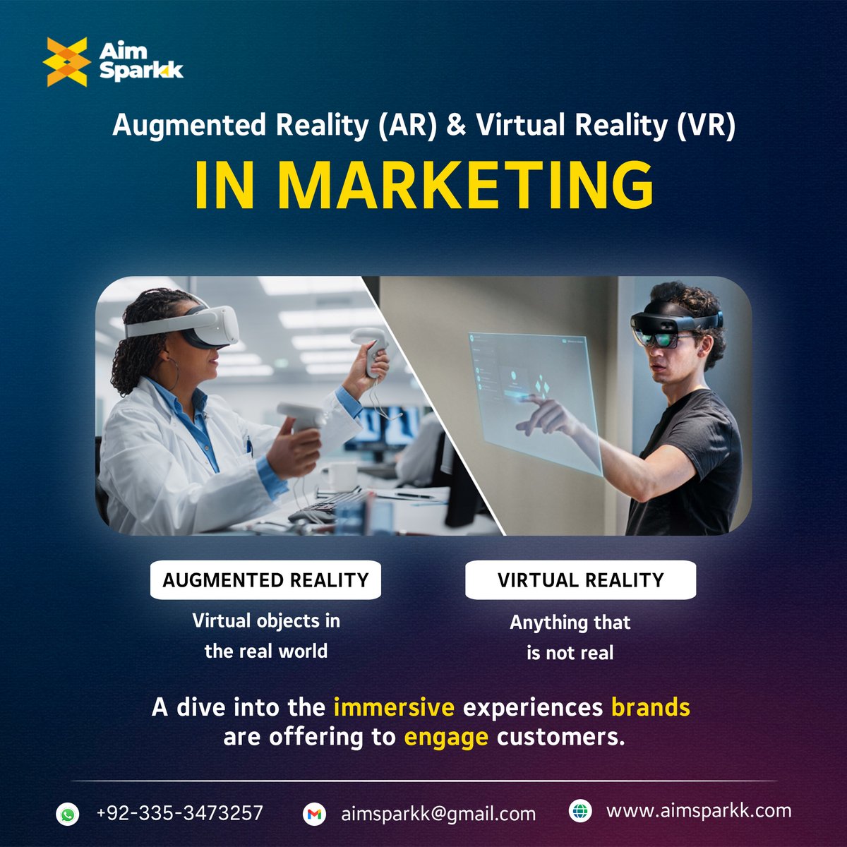 aimsparkk's tweet image. Dive into the future of advertising with #VirtualReality &amp;amp; #AugmentedReality in Marketing! 🌐💡 Experience the next-gen #DigitalMarketing revolution at aimsparkk.com 🚀 #AimsparkkVRAR