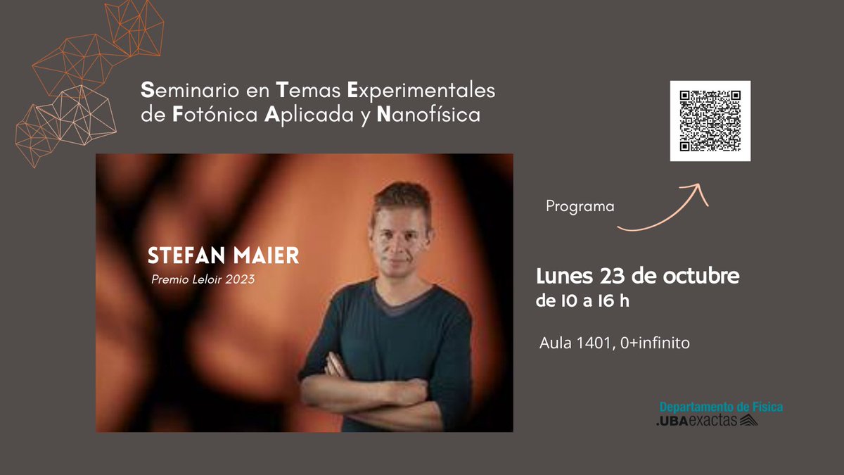 Física UBA (@fisica_uba) on Twitter photo En celebración al reconocimiento a Stefan Maier como Premio Leloir 2023 la comunidad organiza un workshop temático, será el lunes 23 de octubre.
Organizan <a href="/abragasOK/">Andrea Bragas 💚</a> <a href="/GrinblatGustavo/">Gustavo Grinblat</a> <a href="/Nano_Juli/">Julian Gargiulo</a> En celebración al reconocimiento a Stefan Maier como Premio Leloir 2023 la comunidad organiza un workshop temático, será el lunes 23 de octubre.
Organizan <a href="/abragasOK/">Andrea Bragas 💚</a> <a href="/GrinblatGustavo/">Gustavo Grinblat</a> <a href="/Nano_Juli/">Julian Gargiulo</a>