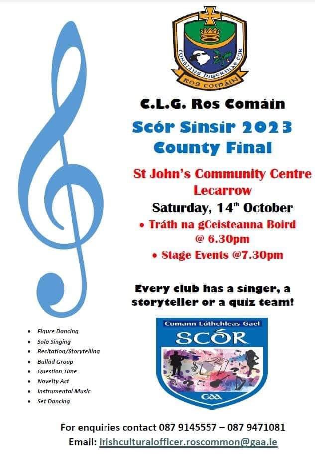 The Senior Scór County Final 2023 takes place on Saturday in St. John’s Community Centre, Lecarrow. Tráth na gCeisteanna Boird (Table Quiz) - 6:30pm Stage events at 7:30pm. Tickets must be purchased in advance via the link below. 👉 bit.ly/3Bznfry #RosGAA #Scór