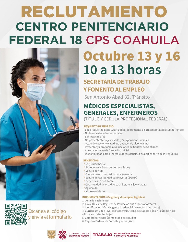 Luis_diazdeleon's tweet photo. ¡Tu próxima oportunidad laboral te espera en el Centro Penitenciario Federal número 18 en @GobDeCoahuila ! 
Checa las vacantes y requisitos en las imágenes y si estás interesado postulate en nuestros #Reclutamientos que tendremos los próximos 13 y 16 de octubre de 10 a 13 hrs en San Antonio Abad 32. 
¡Regístrate ahora en https://t.co/uMIHfz3bEQ y da un paso hacia tu futuro laboral! 
💼🚀 #MovilidadLaboral #TrabajoEnLaCiudad @GobCDMX @TrabajoCDMX @SneCdmx @empleogob_mx