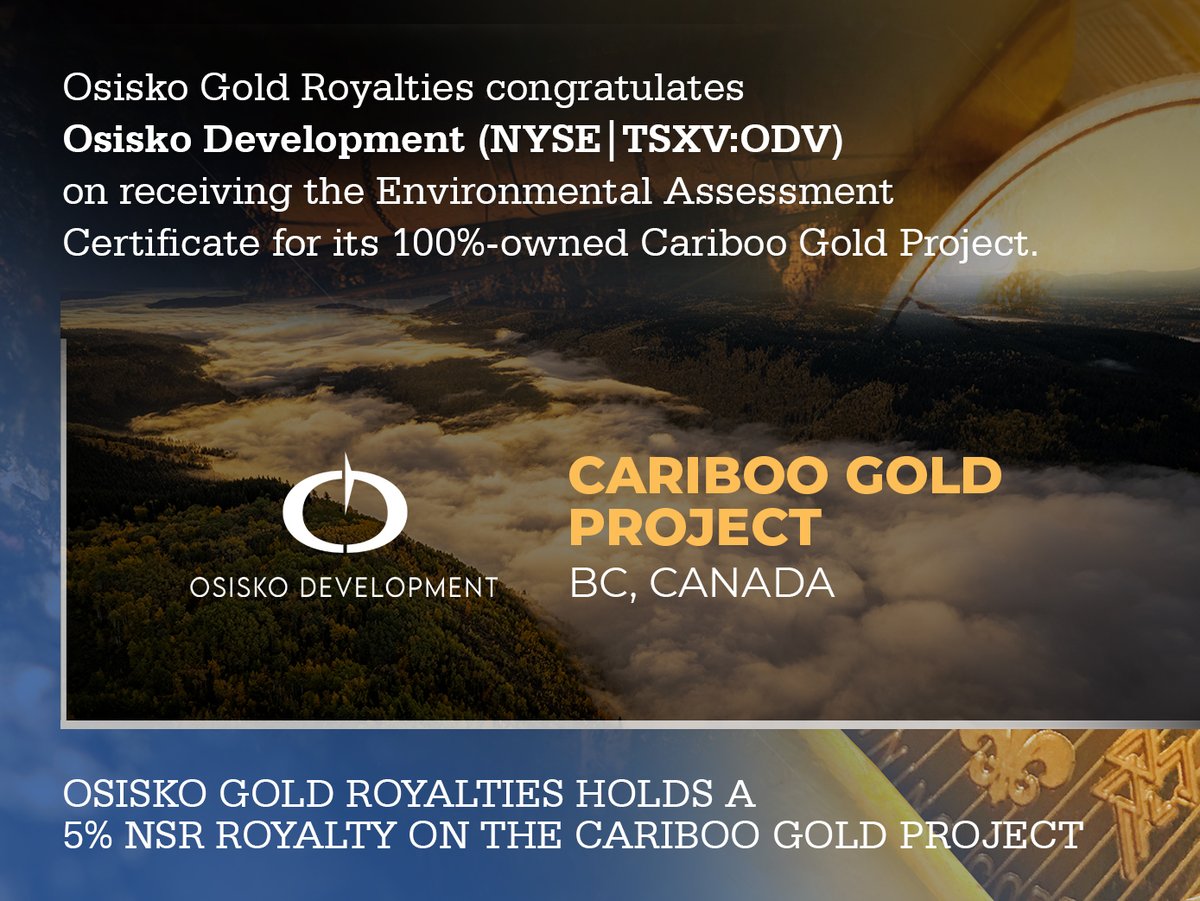 Congratulations to Osisko Development (NYSE|TSXV:ODV) on receiving the Environmental Assessment Certificate for its Cariboo Gold Project.  A significant milestone !
#osisko #osiskogoldroyalties #mining #miningnews #gold #goldinvest #gold #preciousmetals