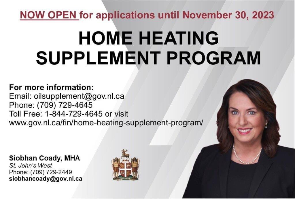 Siobhan Coady (@siobhancoadynl) on Twitter photo Applications are now being accepted for the Home Heating Supplement Program. Deadline to apply is November 30, 2023. 
For more details and to download an application, visit here: gov.nl.ca/fin/home-heati… Applications are now being accepted for the Home Heating Supplement Program. Deadline to apply is November 30, 2023. 
For more details and to download an application, visit here: gov.nl.ca/fin/home-heati…