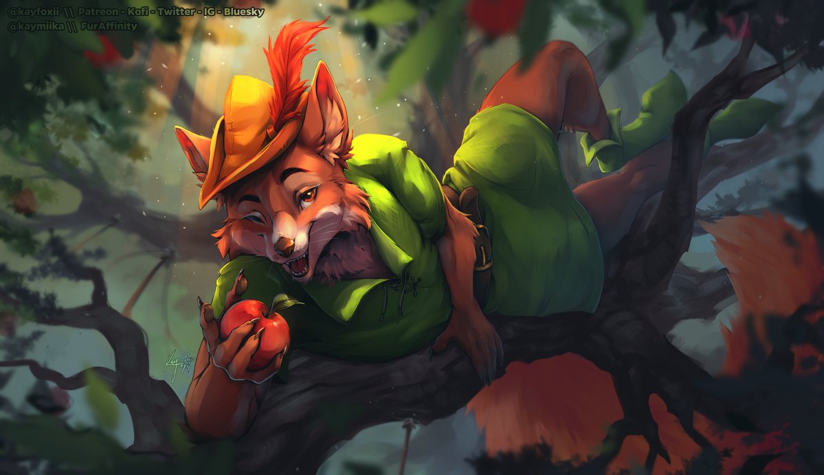 KayFoxii's tweet image. Lovely place for a snack ain't it? 🦊🍎
Robin Hood won the Sep fanart poll 🥰
Spicy alt on P-treon 🔥
#furryart #furryartwork