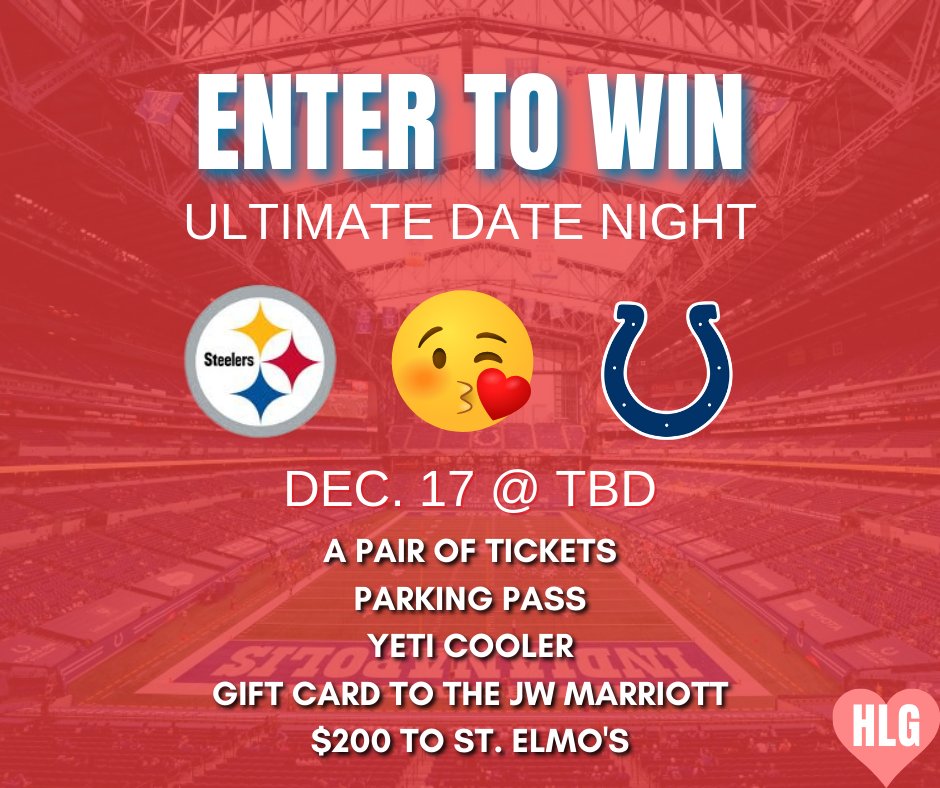 🏈 Colts Giveaway Alert! 🏈
We’re giving away a pair of tickets, a parking pass to the Indianapolis @colts home game against the Pittsburgh Steelers, Yeti Cooler, $200 to St. Elmo’s, and a one-night stay at the JW Marriot.