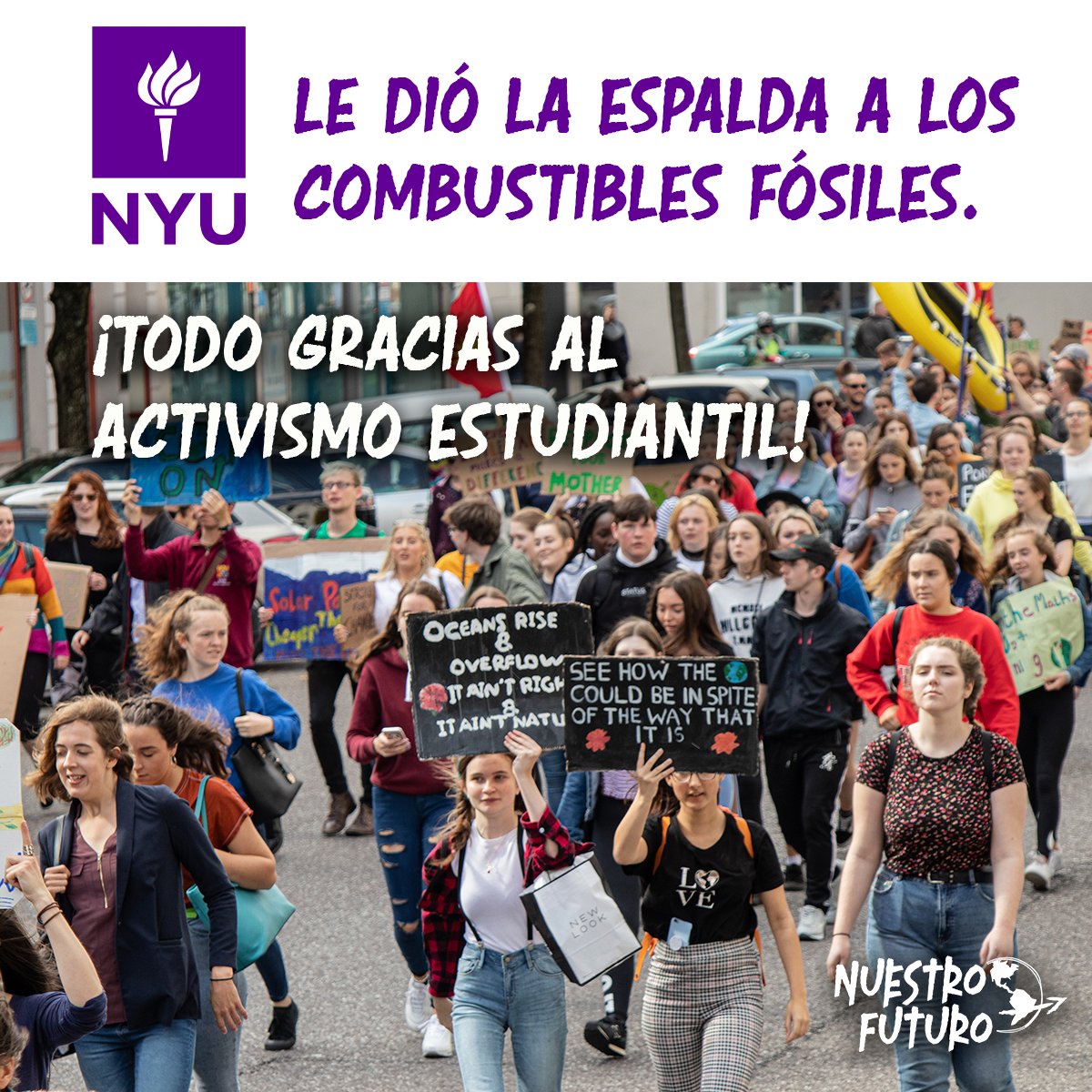 nuestrofuturoac's tweet photo. ¡La Universidad de Nueva York ya no invertirá en combustibles fósiles! La escuela se convertirá en un verdadero líder climático y cortará lazos con esta industria destructiva. Un gran ejemplo a seguir.
#DivestNYU https://t.co/mHdlD2m7ol