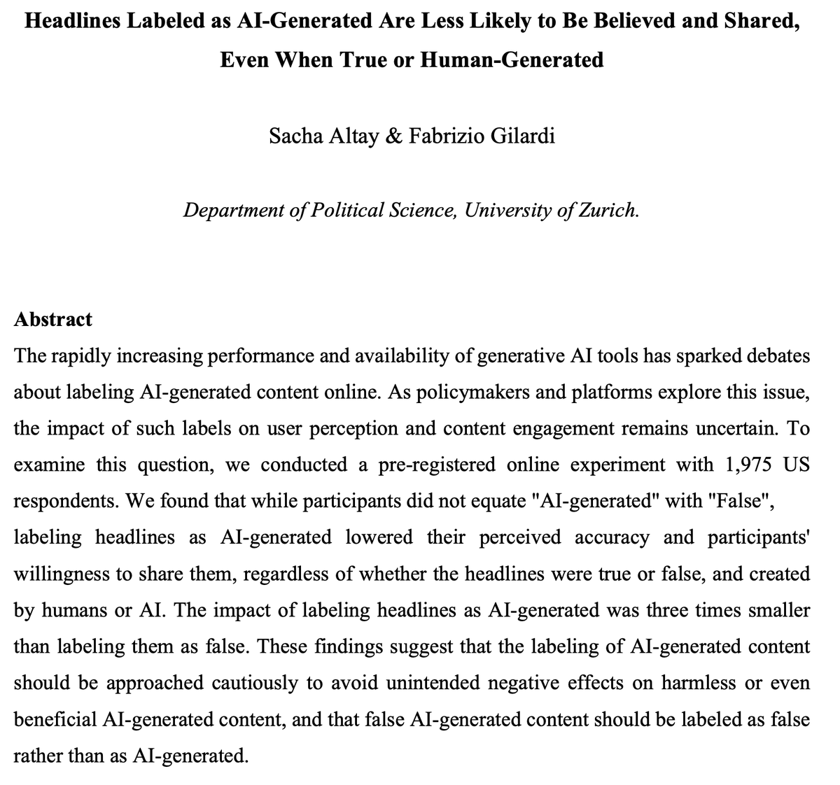 🧵 New WP 🧵 Should AI-generated content be labeled as such on social media? We show that these labels would have detrimental consequences on harmless AI content and would be less effective than false labels in preventing the spread of false news. osf.io/preprints/psya…