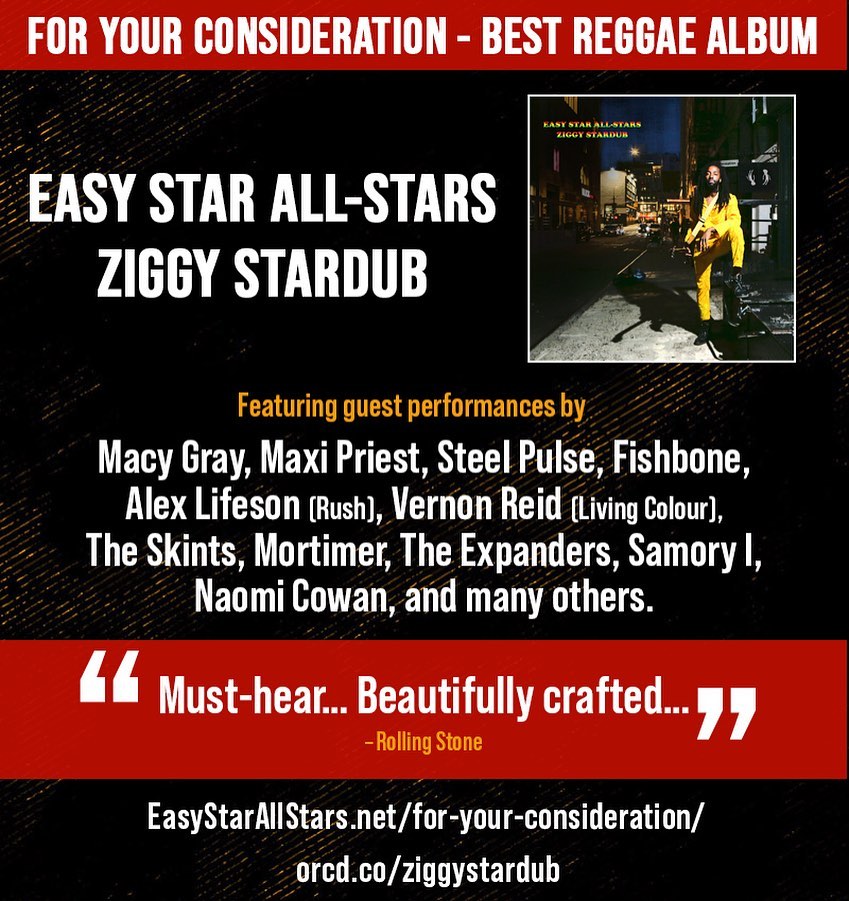 EasyStarAllStar's tweet photo. Grammy voting season is here! Thank you to everyone who has given Ziggy Stardub a listen, came out to a show, or just followed us here 💚 Your support means so much to us.
@EasyStarRec
#ZiggyStardub #EasyStarAllStars https://t.co/dCcP5ma4Oy