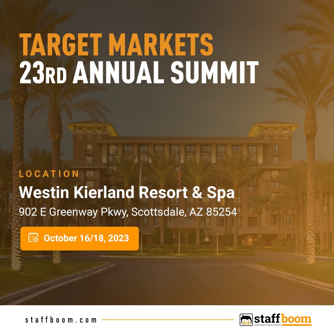staff_boom's tweet image. Staff Boom is on the move! We&apos;re hyped to be at the Target Markets Annual Summit, where opportunities and connections abound. Let&apos;s rock this event together! 🚀 #TargetMarkets2023 #NetworkingPros #StaffBoom
