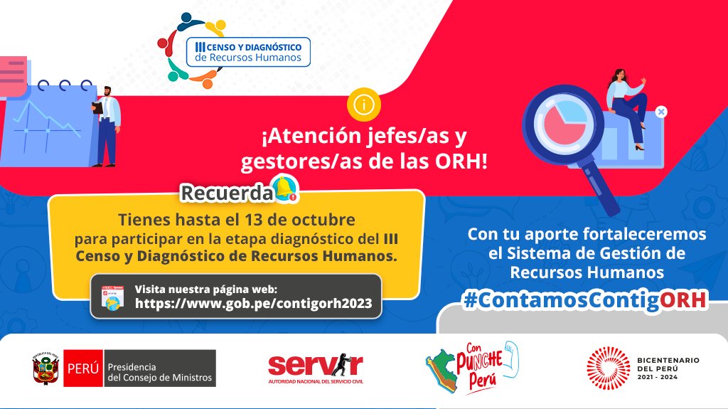 SERVIR_PERU's tweet photo. 🚨No olvides participar de la última etapa de diagnóstico del III Censo y Diagnóstico de Recursos Humanos 2023.
📣Último plazo: 13 de octubre
Ingresa con tus credenciales 👇
https://t.co/3zHrKkVuGs

#ContamosContigORH

📩 diagnostico@servir.gob.pe
💻 https://t.co/bjn1BnDErb https://t.co/vHW1k73Jju