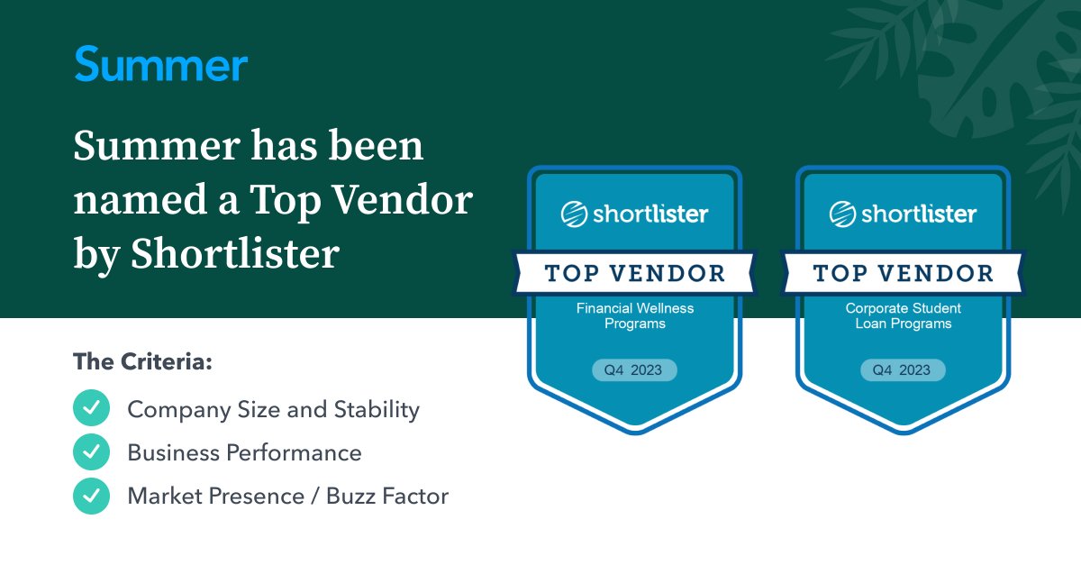 Let's keep a good thing going! Summer was selected by <a href="/myshortlisterHC/">Shortlister</a> once again as a Top Vendor in the Corporate Student Loan Programs and Financial Wellness categories. HR leaders, DM us to book a call to discuss how our turnkey solution can supercharge your wellbeing baseline