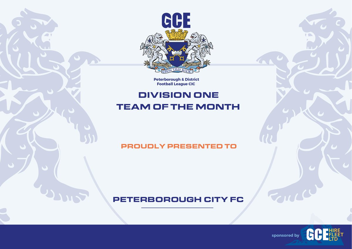 🏆August/September 2023 Monthly Awards sponsored by <a href="/GCEHireFleet/">GCE Hire Fleet Ltd</a>🏆

Next up is our Division One Team of the Month Award, winning 9 out of their 10 games through the August/September period; the Division One Team of the Month Award goes to <a href="/Pboro_City_FC/">Peterborough City FC</a>!🎉👏

Congratulations👏👏