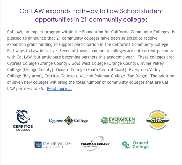 Congrats @CypressCollege @GoldenWestHB @MyIrvineValley @OxnardCollege @officialevc @cerritoscollege @palomarcomets! Thank you to our partners @CalCommColleges Chancellor's Office, and State Senator @GeneralRoth for the legislative funding! #DiversityInLaw @DrJfierro_ @DrTammeil