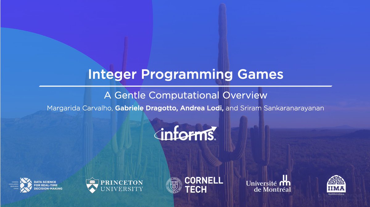 GabrieleDrag8's tweet image. Hey #INFORMS2023!

Check out our presentations on Integer Programming + Game Theory! 🙂

- ✂️A Differentiable Architecture for Mixed-Integer Optimization (SC45) 
- 📖🎲TutORial &quot;Integer Programming Games&quot; (MB01) 
- 1️⃣🎲Who Plays First? (ME33)