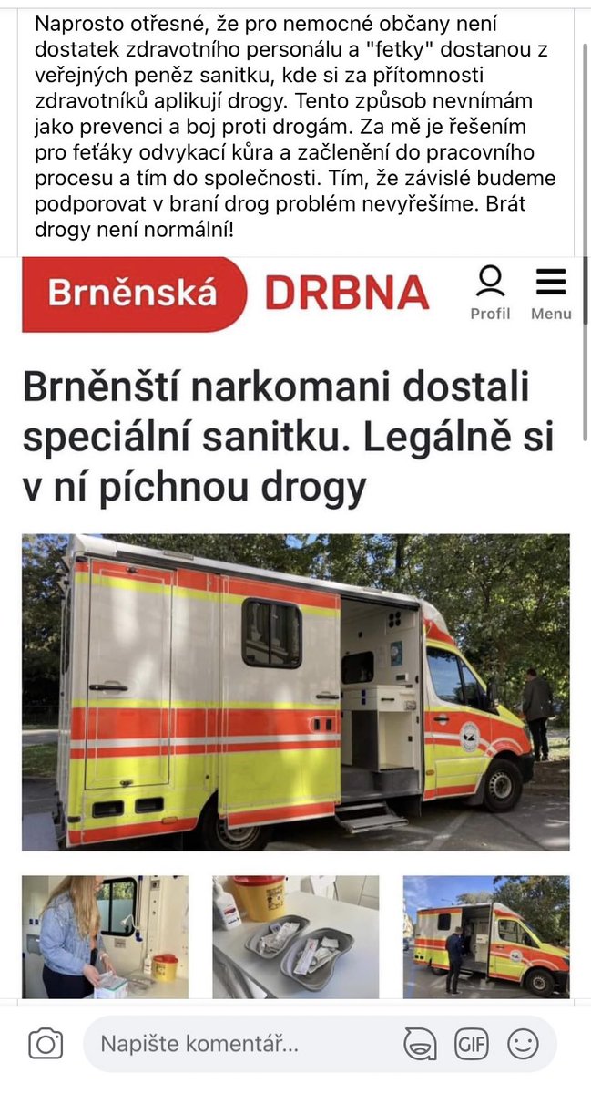 Takže ještě jednou a naposledy. 🧵Tato sanitka je tzv konzumační neboli aplikační “místnost” a je to jedna z metod Harm reduction. Pokud si uživatel NL bude píchat jehlou, kterou sdílí s několika dalsima lidma někde pod mostem, je velice pravděpodobné že si tím přivodí infekci.