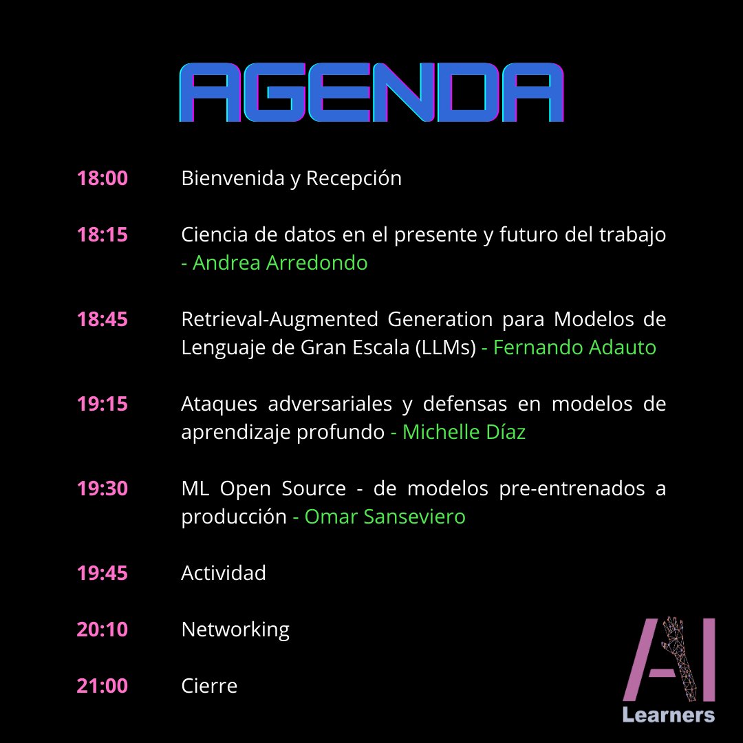 Las invitamos al meetup de <a href="/AI_Learners/">AI Learners</a>   ✨
Habrán charlas de RAGs, LLMs en producción, el futuro del trabajo y ataques advarsariales.🤯
📅 Martes 31 de octubre 2023
⏰ 6:00pm GMT-6 (Hora CDMX)
📍En Platzi MX 
🔗meetup.com/ai-learners/ev…

#datascience #machinelearning #AR #LLMs