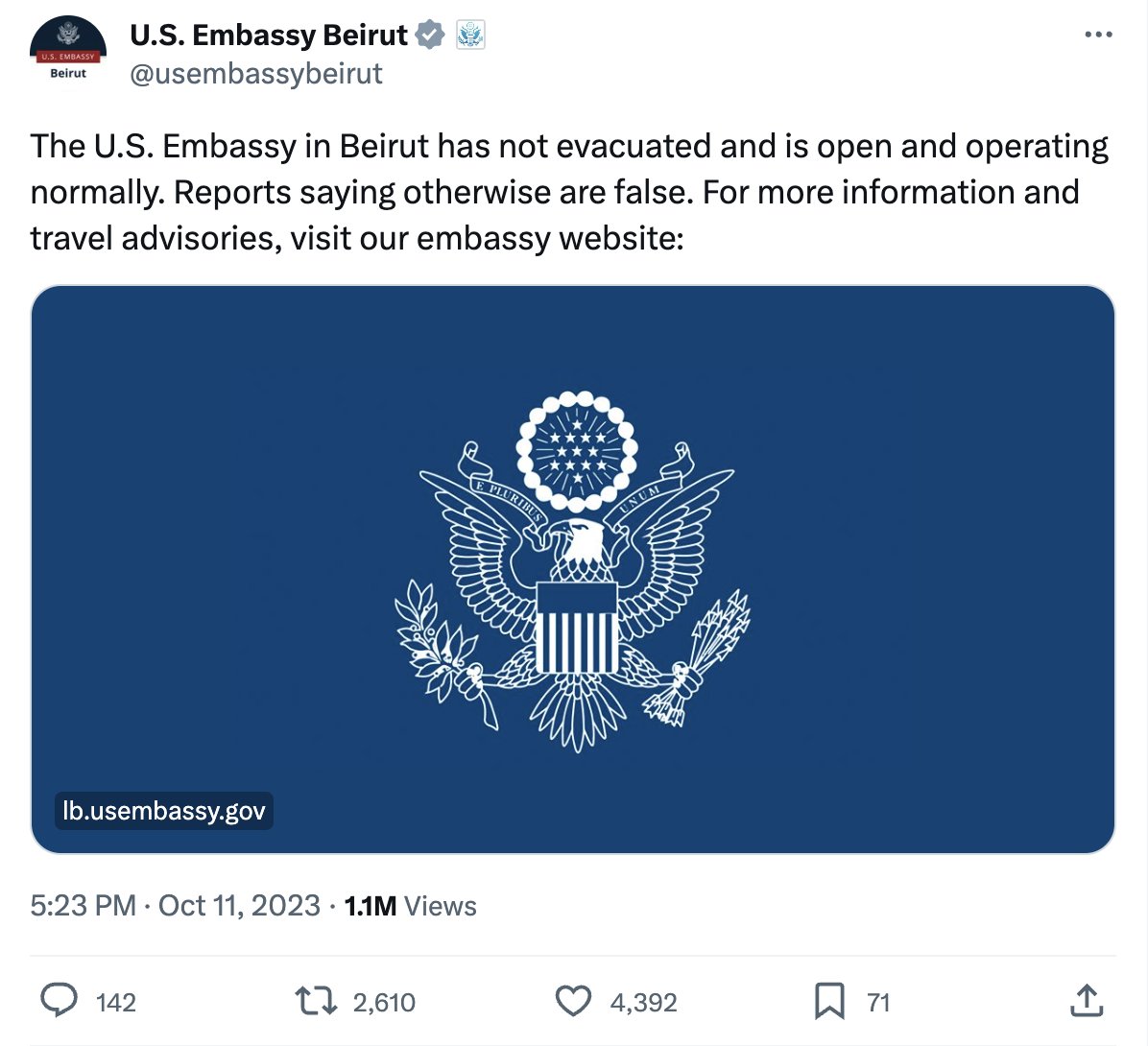 Left: One of the most notorious "open source" accounts on X with Twitter Blue subscription falsely claims the US embassy in Lebanon is being evacuated.

Right: The US embassy in Beirut denies that it's being evacuated, confirming that it's operating normally.