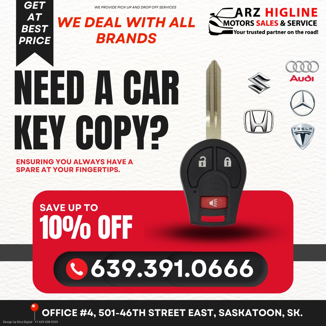 ArzMotors's tweet image. Call us: 639.391.0666 
Address: Office #4, 501-46th Street E, Saskatoon, SK, Canada.
#KeyDuplication , #DuplicateKeys , #SpareKeys , #CopyKeys , #BackupKeys , #ExtraKeys , #KeyCopyService , #KeyReplica, #AutomotiveLocksmithsNearMe , #LocksmithForCars , 
arzmotors.ca