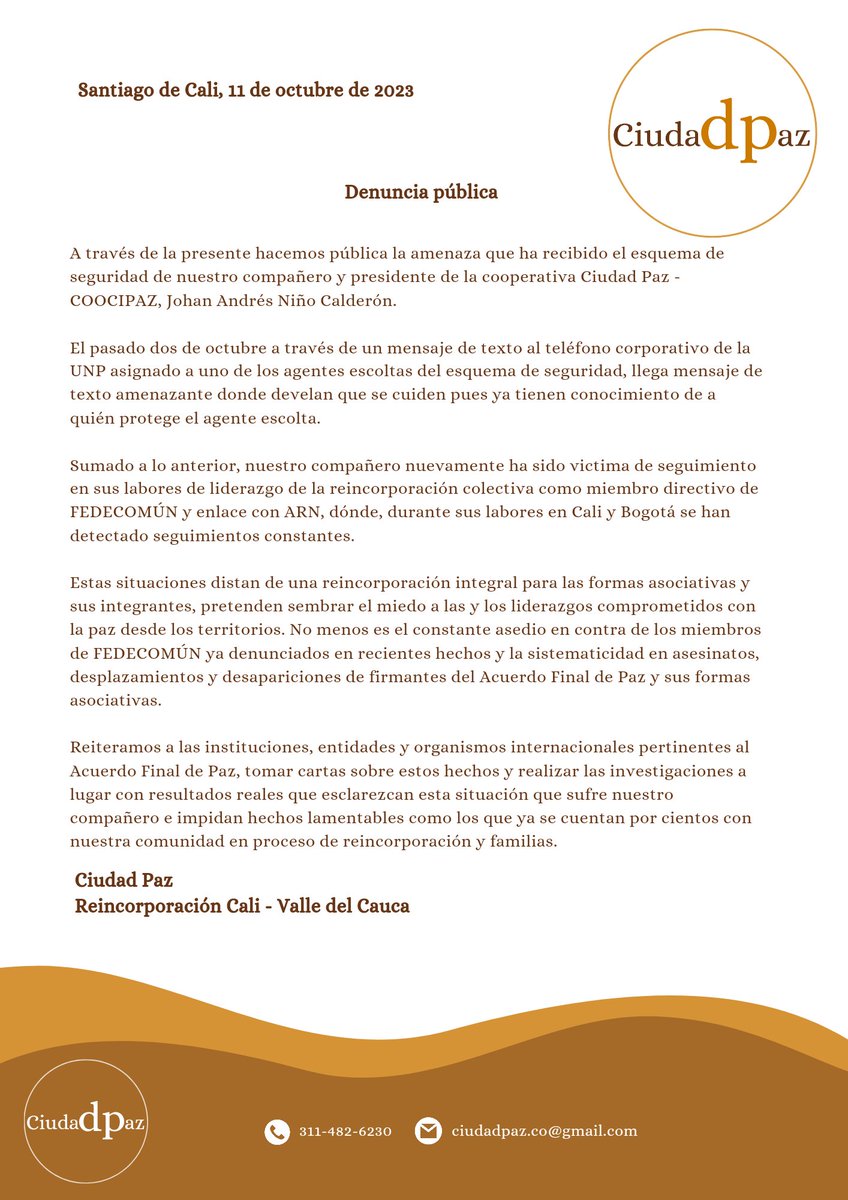 CiudadPazCo's tweet photo. #DenunciaPublica
Rechazamos todas las acciones de intimidación hacia nuestros líderes y lideredezas que defienden y se comprometen día a día con la construcción de paz en los territorios. https://t.co/O6z7BXyoQD