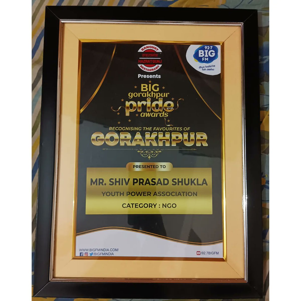 'Received the Big Gorakhpur Pride Award by @bigfmindia. Honored and grateful to everyone who supported @ypa4india. Thanks to #Gorakhpur for the continuous #love and #Blessings. #ThankYou' #BigFM @anuraagsuman @DrMangleshBJP