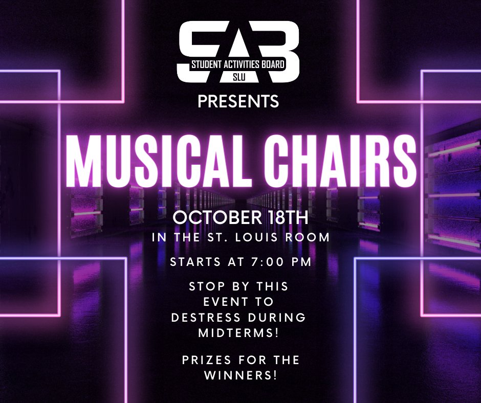 During midterms next week, we're hosting a destress event! Stop by the St. Louis room @ 7:00 to enjoy  Musical Chairs. Prizes include: AirPod Pros, a record player w/ 2 records (Harry Styles &amp; Barbie Soundtrack), a speaker, and $75 worth of merch of an artist of your choosing!
