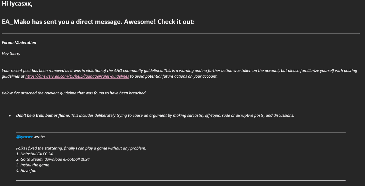 lpicci's tweet photo. This is the way @EAHelp  handles its support. Hundreds and hundreds of comments about optimization problems on PC, and no response about it from them. But as soon as you write a sarcastic comment, they act immediately. Is this the way you want to help your customers? @EASPORTSFC https://t.co/I4zH3u1JU0