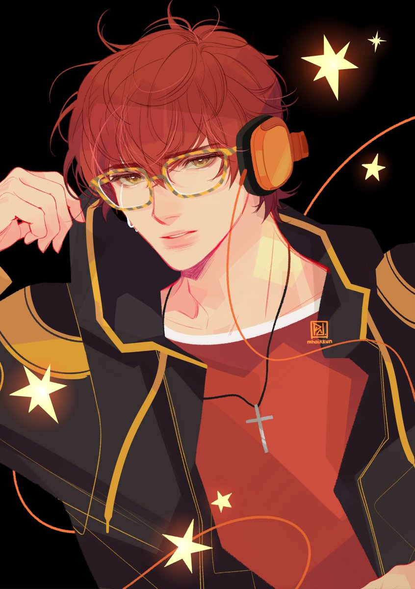 1boy male focus glasses necklace headphones jewelry solo  illustration images