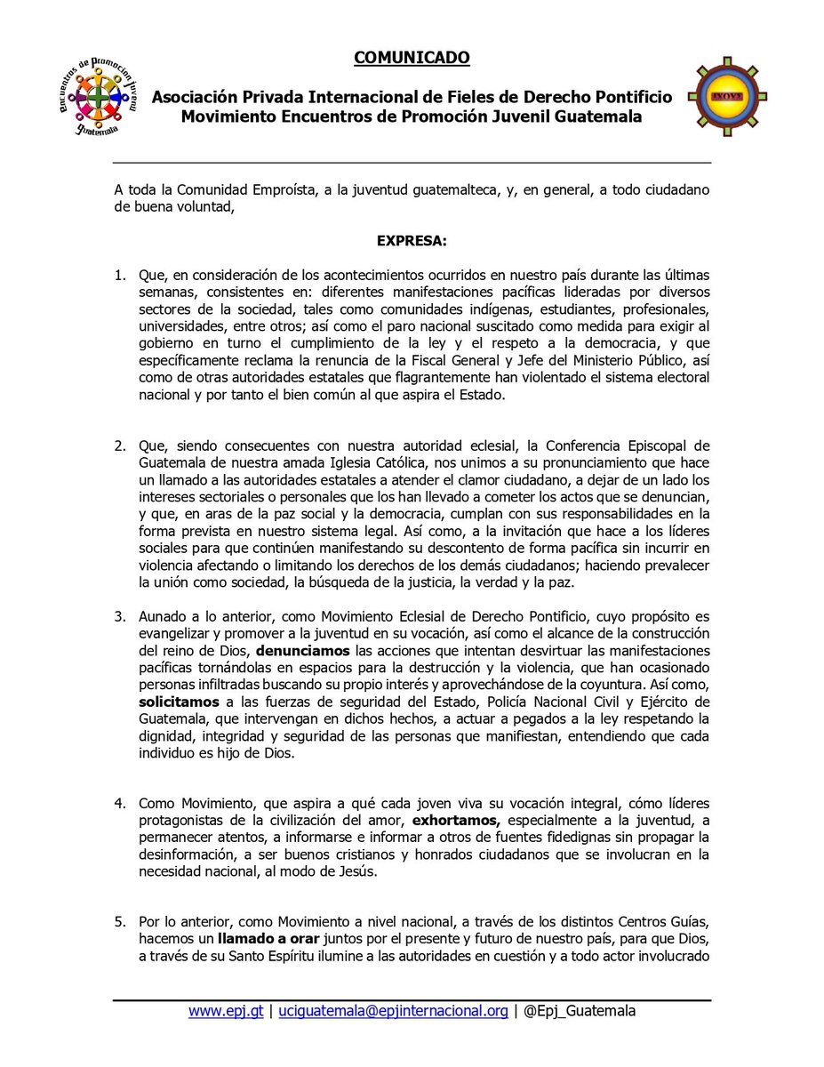 epjguate's tweet photo. Comunicado oficial de MEPJ ante la situación actual de Guatemala 🙏🏼❤️ 

¡Unidos construiremos la Civilización del Amor! https://t.co/YEsc0vpXSb