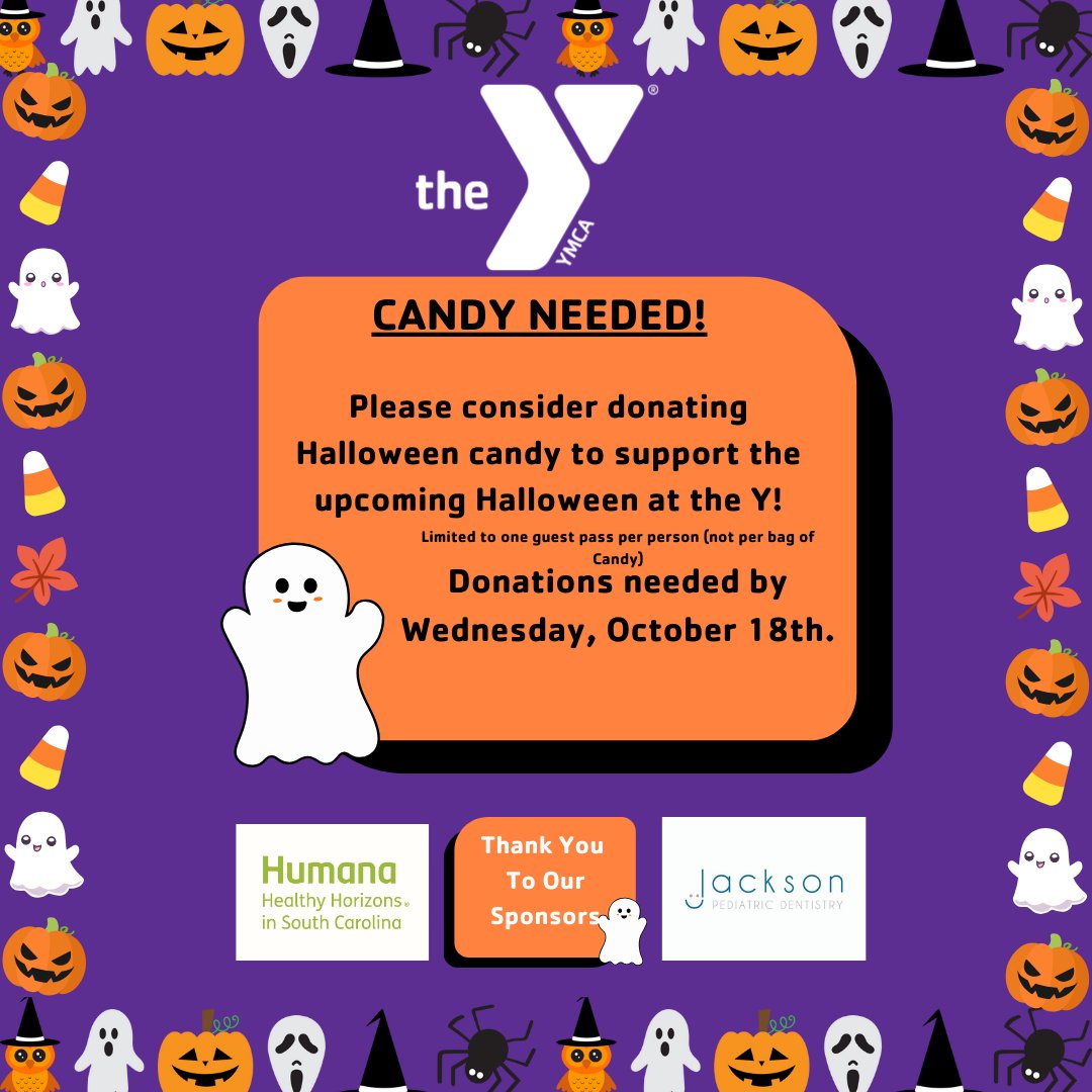 Candy Needed! Please consider donating Halloween candy to support the upcoming Halloween at the Y! Donations are needed by Wednesday, October 18th.👻🎃🍬 #CandyDonations #HalloweenAtTheY #TrickOrTreat #Halloween2023