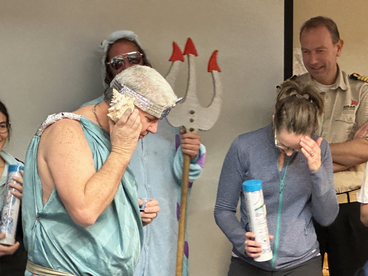 It's official! #EXP400 crossed the #ArcticCircle. We're now #bluenoses. Captain Nienhuis introduced King 👑🌊Neptune, who conferred 👃honors. #DavyJones presented certificates. 📜 Ceremony interrupted! His Highness takes a call on his 🐚shell phone😆. <a href="/fawz4225/">Fawz Naim</a> #IODP #NSFFunded