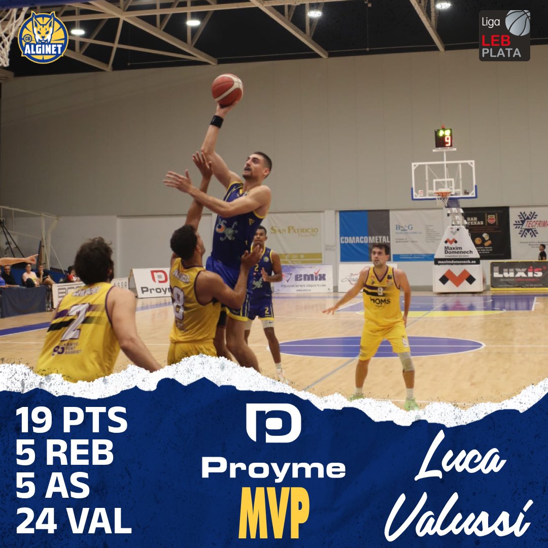 cbalginet's tweet photo. 🔵🟡 MVP J1 LEB Plata 23/24

👉🏻 @ProymeESP nos ofrece el MVP de la jornada 

9️⃣ Luca Valussi 🔥

Estadísticas del partido:
🔹Puntos 19
🔹Rebotes 5
🔹Asistencias 5
🔸Valoración 24

Enhorabuena @LucaValussi 🙌🏻🔝 https://t.co/jQlq69AKjO