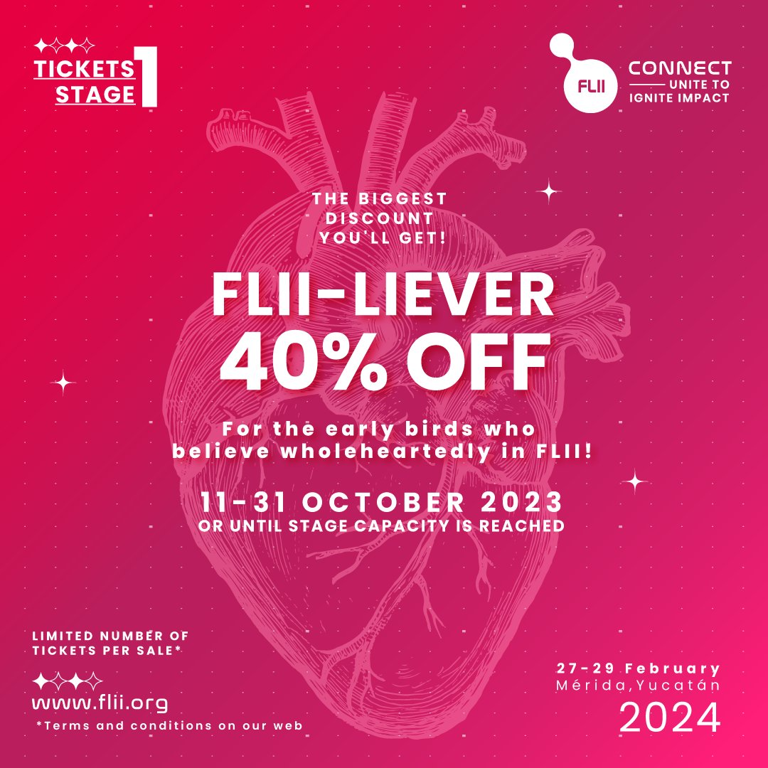 FLII_latam's tweet photo. ¡La primera etapa de descuento para las entradas de #FLIIConnect ya está disponible! 🧬
🫀 FLII-LIEVERS: Para quienes creen de corazón en el #FLII2024
💥 Compra ahora con un 40% de descuento.
https://t.co/7AKzK6Nl1a https://t.co/LW13L7HS60