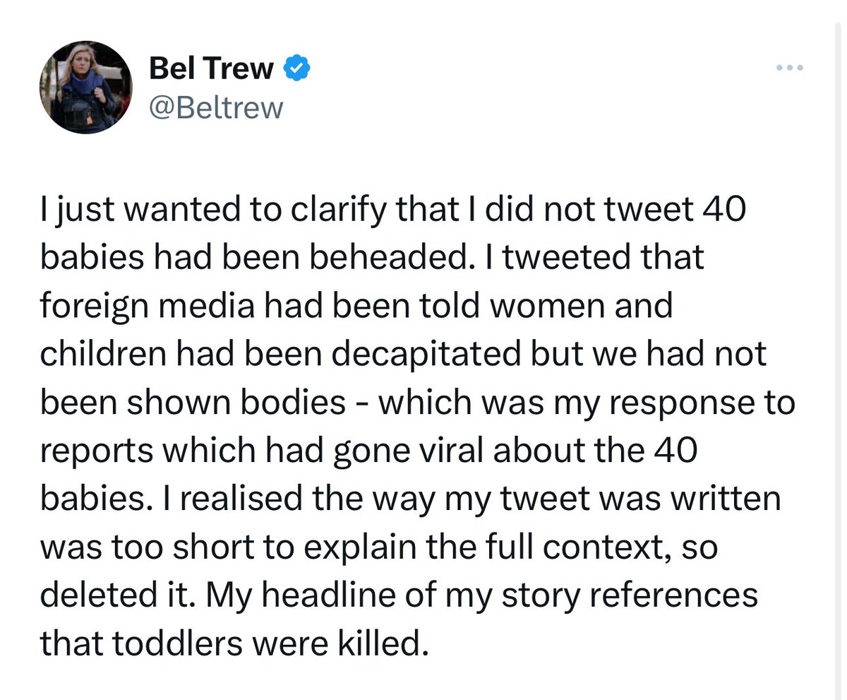 dom_lucre's tweet photo. 🔥🚨BREAKING: Journalist who claimed 40 babies in Israel had their head decapitated by Hamas has retracted their claim. ISD also verified that they don’t know about this allegation. https://t.co/YkvUTZidKU