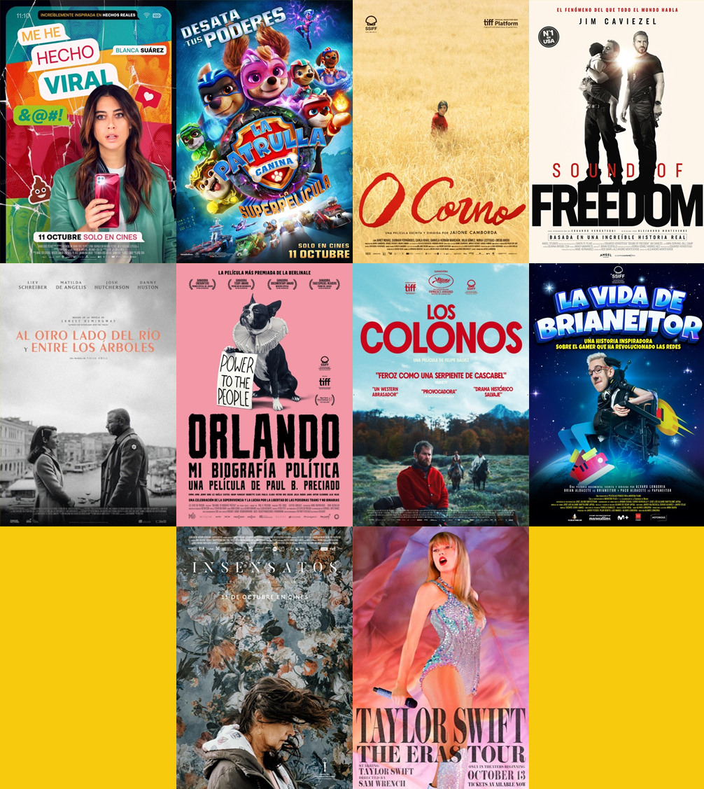 TrailersyEstren's tweet photo. 🍿 Trailers de los Estrenos del 11 de octubre de 2023:
#MeHeHechoViral
#LaPatrullaCanina
#OCorno
#SoundOfFreedom #AlOtroLadoDelRíoYEntreLosÁrboles
#OrlandoMiBiografíaPolítica
#LosColonos
#LaVidaDeBrianeitor
#Insensatos
#TaylorSwiftTheErasTour
https://t.co/VVBo2jkbcb https://t.co/Ngew5dFP8d