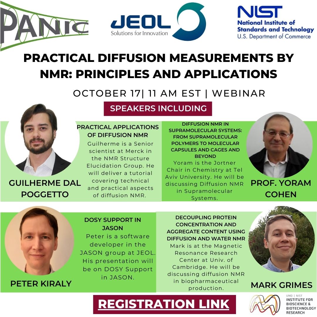 panicnmr's tweet photo. Looking for practical ways to measure diffusion? Come to our #PANICnmr webinar and learn more! @JEOLUSA and @NIST are cosponsors for the event! https://t.co/GiQr6BDKcz https://t.co/qMP2EwaAH2