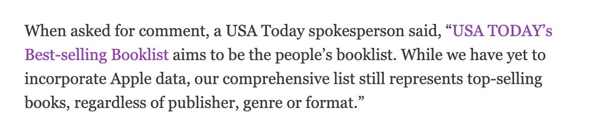 Bombshell revelation re: the USAT list in Jane Friedman's blog today, a confirmation that Apple ebook sales are not included in the new list (for now?): hotsheetpub.com/2023/10/the-re…
