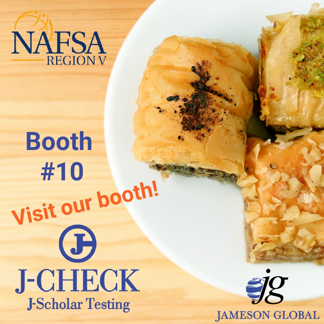 jbrosam's tweet photo. Yes, there will be baklava!! Stop by our Jameson Global & J-CHECK booth to talk J-Scholar language testing/documentation AND intl. alumni and global fundraising! Hope to see you at the #NAFSA Region V conference in Grand Rapids, MI next week! #jcheck #nafsa https://t.co/hDUHRrKpgN