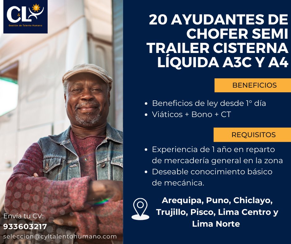 ConsultoraCyL's tweet photo. 📢NUEVA CONVOCATORIA PARA TODO EL #PERÚ📢 Se requiere de Ayudante de #CHOFER SEMI TRAILER CISTERNA LÍQUIDA - AIIIC y A4
🤔¿Interesad@? postula y 𝗟𝗟𝗘𝗡𝗔 𝗘𝗟 𝗙𝗢𝗥𝗠𝗨𝗟𝗔𝗥𝗜𝗢 𝗬 𝗘𝗡𝗩𝗜́𝗔 𝗧𝗨 𝗖𝗩   
👉 https://t.co/42iMX5BZLq
 #Chofer #Chamba #trabajoperu #Convocatoria https://t.co/zkUVs26GwY