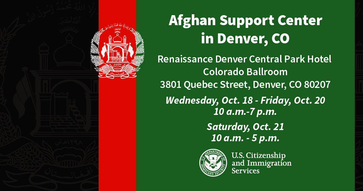 NasratN90459's tweet photo. An Afghan Support Center will be open on Oct. 18-21 in Denver. This no-cost event will include legal service providers and other organization to assist with Afghan resettlement. To learn more, visit: https://t.co/LLC88kXdCc https://t.co/7l48C7c2pU