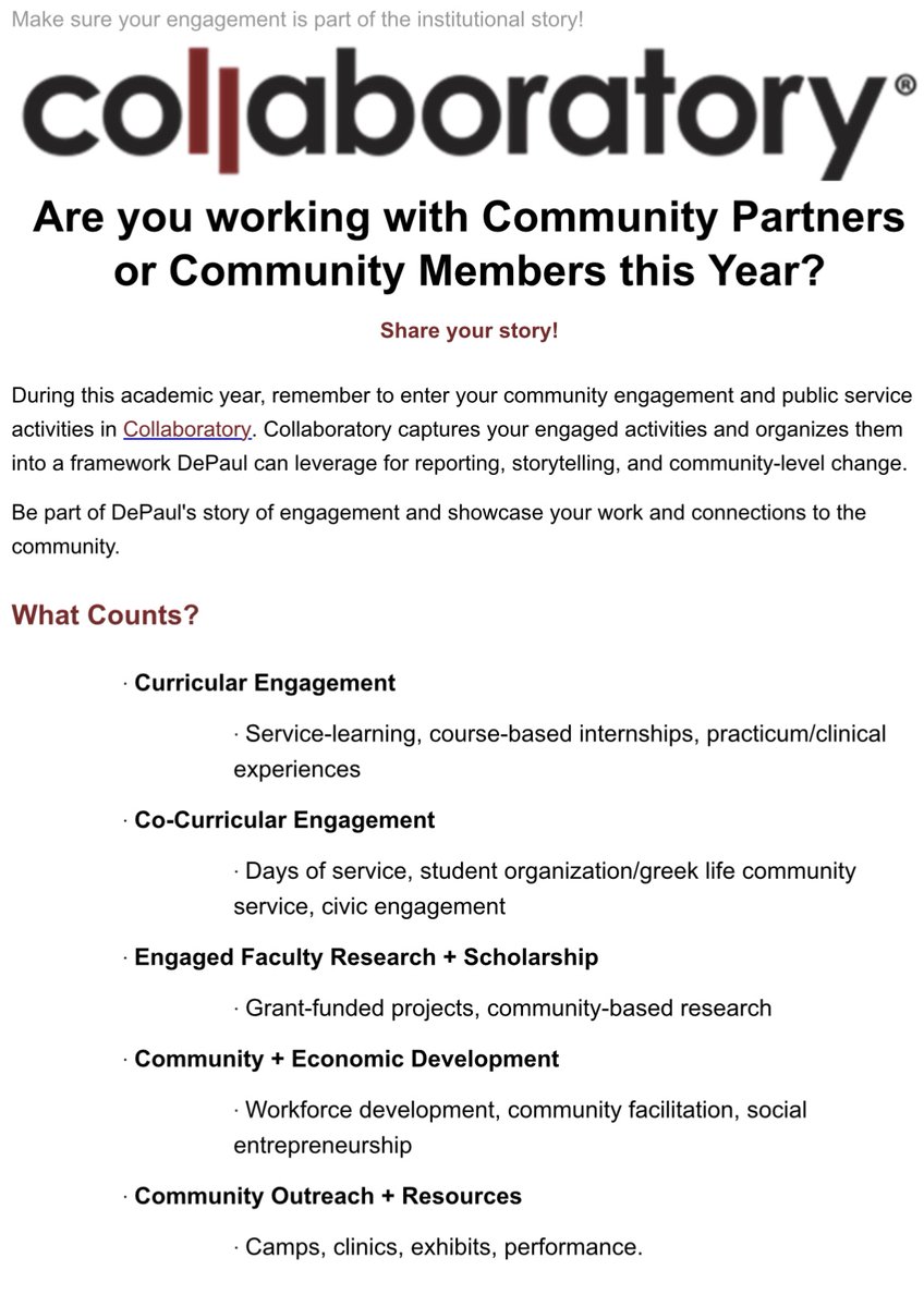 DePaul faculty and staff can login at he.cecollaboratory.com/collaboratory/… using your campus connect password to start entering your community engagement and public service work in Collaboratory. Contact Barbara Smith at bsmith@depaul.edu for Collaboratory details.