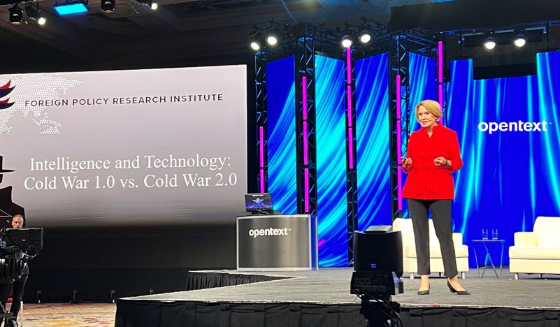 OpenText's tweet photo. Carol Rollie Flynn, President of the Foreign Policy Research Institute, who previously spent 30 years at the CIA, is talking about how intelligence has changed over the last decade and the next generation of threats facing the globe at #OpenTextWorld. https://t.co/l5onlnDOMh